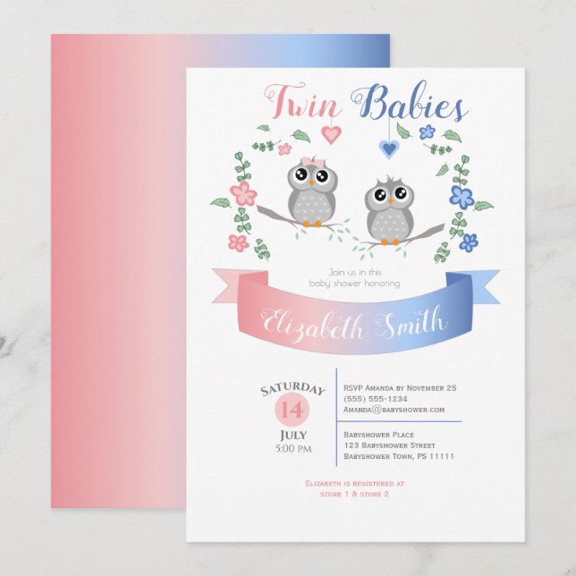 Twin boy and girl Cute owls babyshower Inbjudningar (Fram/baksida)