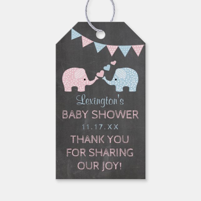 Twin Boy and Girl Elephants Baby Shower Tack Presentetikett (Framsidan)