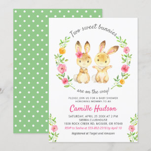 Twin Boy Blommigt Colorful Bunny Baby Shower Inbjudningar