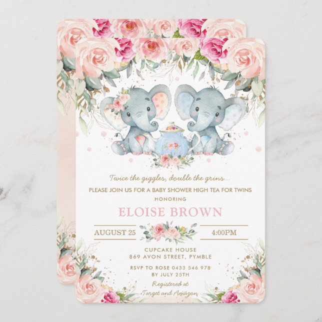 Twin Boy Elephant Rosa Blommigt Tea Baby Shower Inbjudningar (Fram/baksida)
