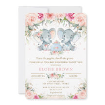 Twin Boy Elephant Rosa Blommigt Tea Baby Shower