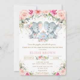 Twin Boy Elephant Rosa Blommigt Tea Baby Shower Inbjudningar