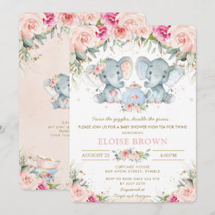 Twin Boy Elephant Rosa Blommigt Tea Baby Shower Inbjudningar