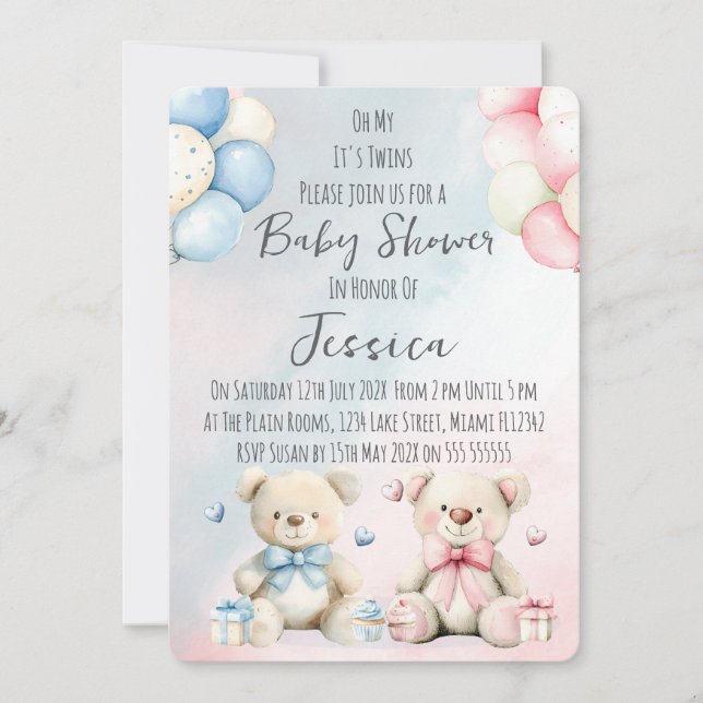 Twin Boy & Girl Bear Baby Shower Invitation Inbjudningar (Framsida)