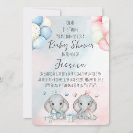 Twin Boy & Girl Elephant  Baby Shower Invitation Inbjudningar