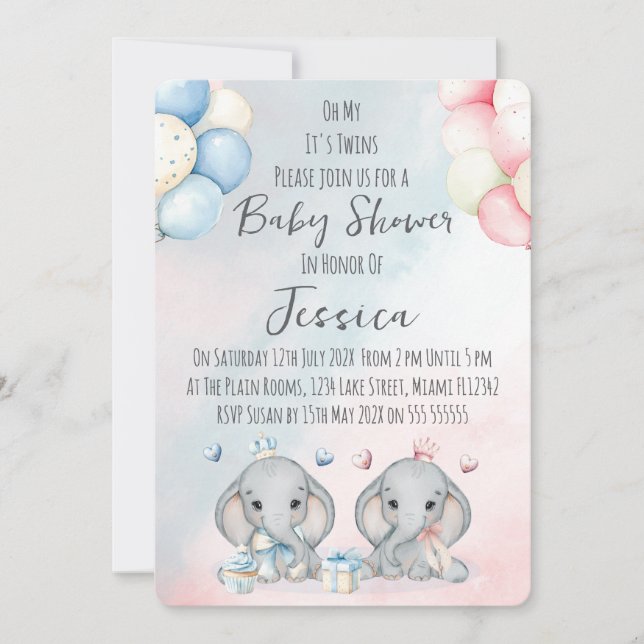 Twin Boy & Girl Elephant  Baby Shower Invitation Inbjudningar (Framsida)