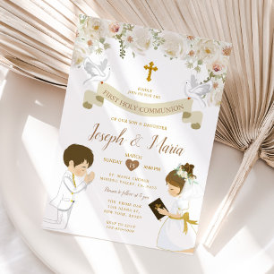 TWIN Boy Girl Praying First Heliga Communion Blomm Inbjudningar