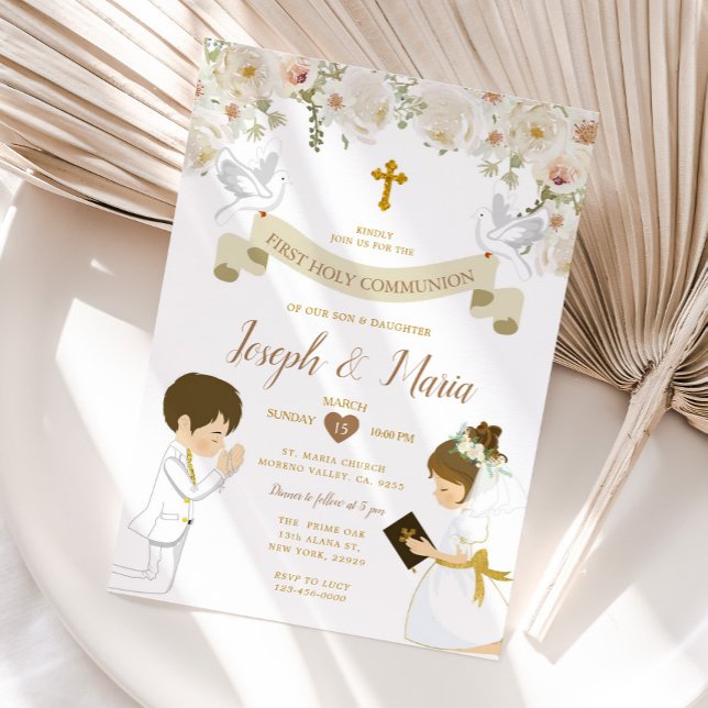 TWIN Boy Girl Praying First Heliga Communion Blomm Inbjudningar (Skapare uppladdad)