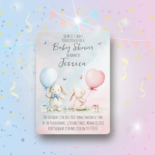 Twin Boy & Girl Rabbit Baby Shower Invitation Inbjudningar (Skapare uppladdad)