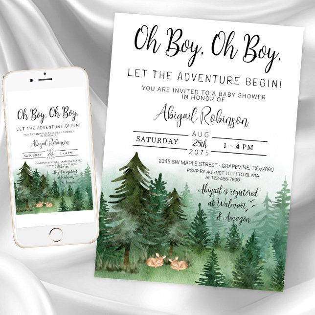 Twin Boy Hjort Woodland Oh Boy Baby Shower Inbjudningar (Boy twin woodland deer baby shower invitation. Instant download and printed invitations available.)