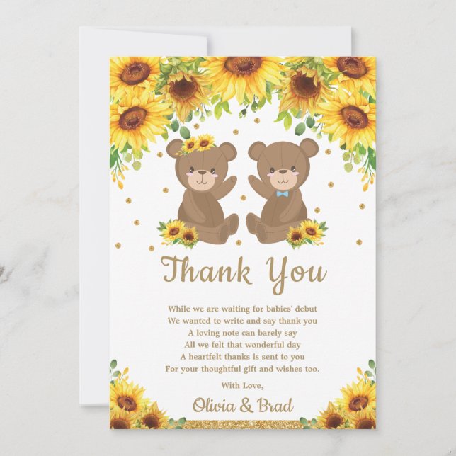 Twin Boy Nalle Solblomma Baby Shower Tack Kort (Framsida)