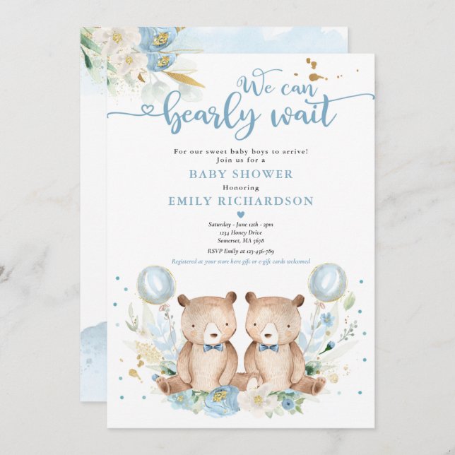 Twin Boy Nalle vi kan vänta tidigt Inbjudningar (Fram/baksida)