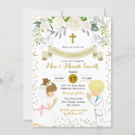 Twin Boy och Blonde Girl Kneeling First Communion Inbjudningar
