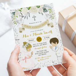 Twin Boy och Blonde Girl Kneeling First Communion Inbjudningar