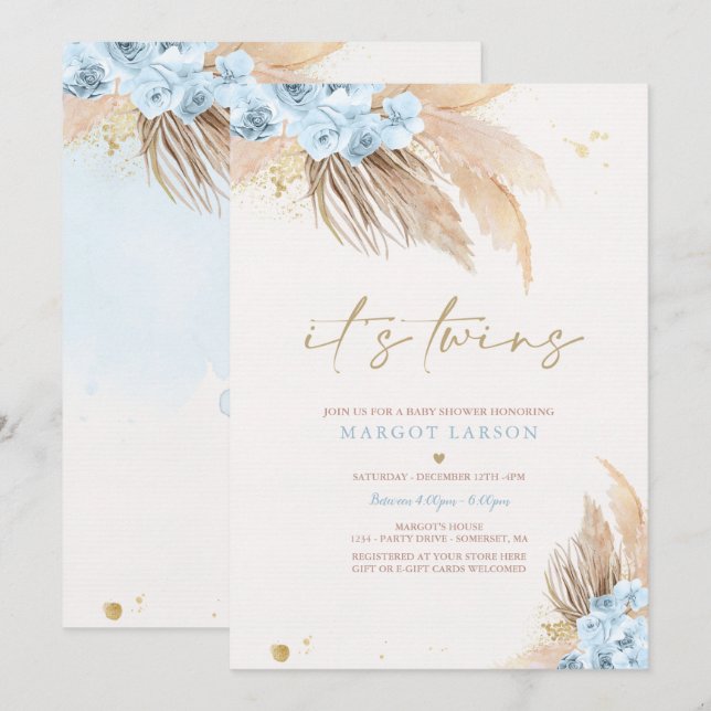 Twin Boy Pampas Grass Bohemian Desert Baby Shower Inbjudningar (Fram/baksida)
