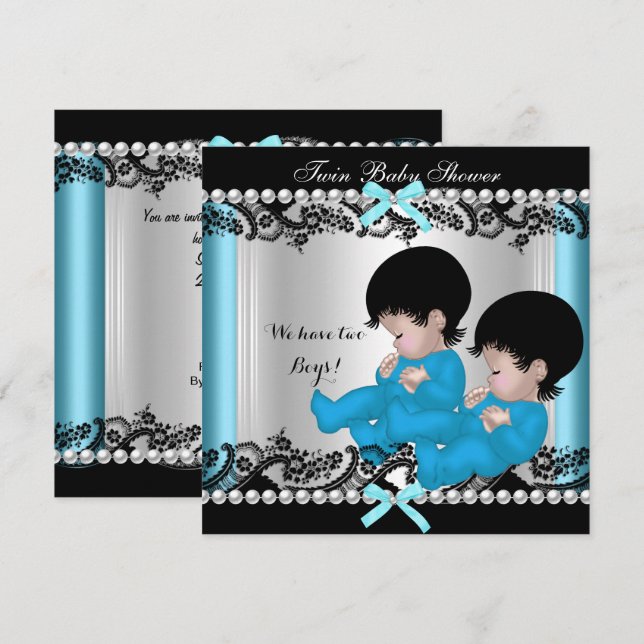 Twin Boy Shower Blue Cute Pojke Inbjudningar (Fram/baksida)