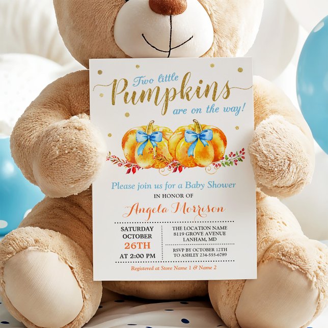 Twin Boy Shower Two Little Pumpkins Blue Inbjudningar (Skapare uppladdad)