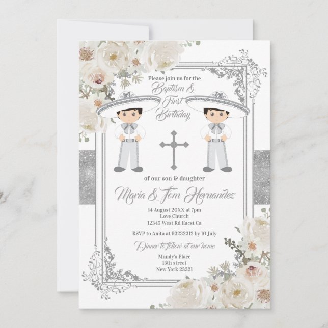 Twin Boy Silver Mexican Baptism Birthday Blommigt Inbjudningar (Framsida)