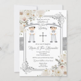 Twin Boy Silver Mexican Baptism Birthday Blommigt Inbjudningar