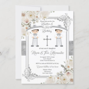 Twin Boy Silver Mexican Baptism Birthday Blommigt Inbjudningar