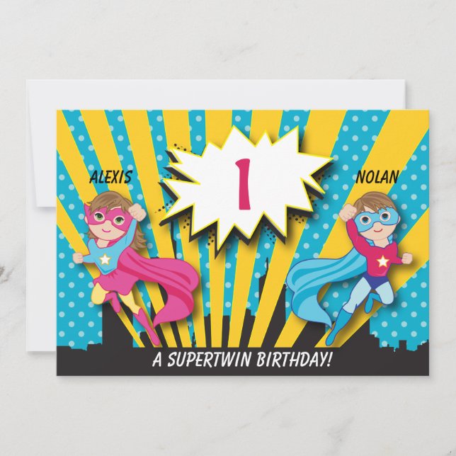 Twin Boy Superassistance Birthday-inbjudan Inbjudningar (Framsida)