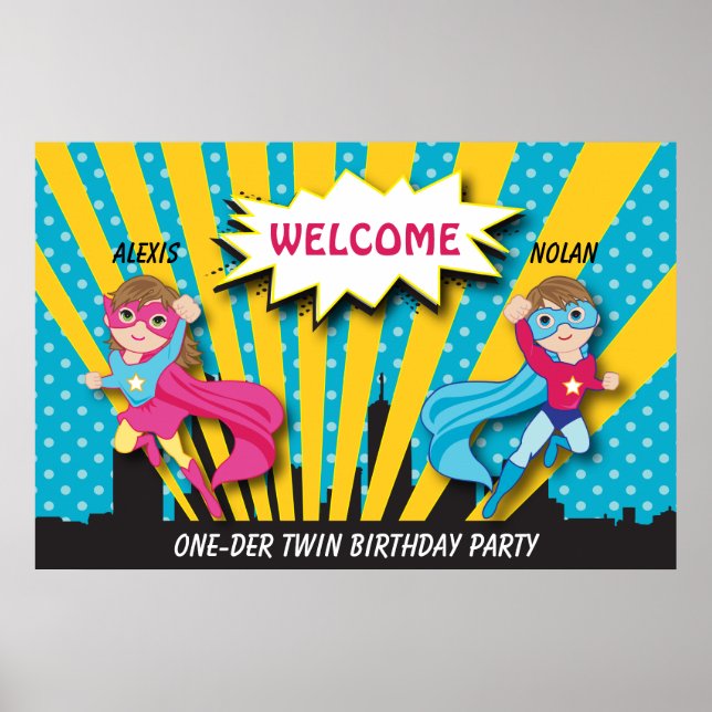 Twin Boy Superassistance Birthday Poster (Framsidan)