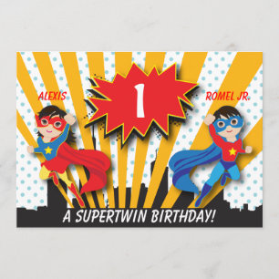 Twin Boy Superhjälten Birthday Inbjudningar