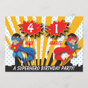 Twin Boy Superhjälten Birthday Inbjudningar