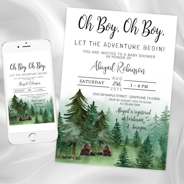 Twin Boy Woodland Bear Oh Boy Baby Shower Inbjudningar (Twin boy baby woodland deer shower invitation. Instant download and printed invitations available.)