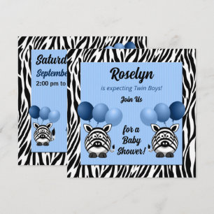 Twin Boy Zebra tryck och Blue Baby Shower Inbjudningar