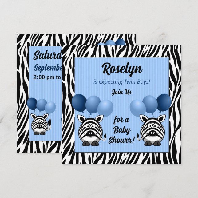 Twin Boy Zebra tryck och Blue Baby Shower Inbjudningar (Fram/baksida)