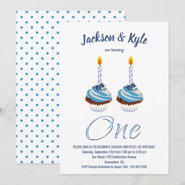 Twin Boys 1st Birthday Blue Cupaka Party Inbjudningar (Fram/baksida)