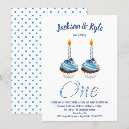 Twin Boys 1st Birthday Blue Cupaka Party Inbjudningar