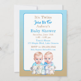 Twin Boy's Baby Shower Watercolor Animals Inbjudningar