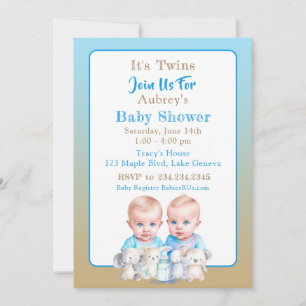 Twin Boy's Baby Shower Watercolor Animals Inbjudningar