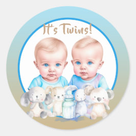 Twin Boy's Baby Shower Watercolor Animals Runt Klistermärke