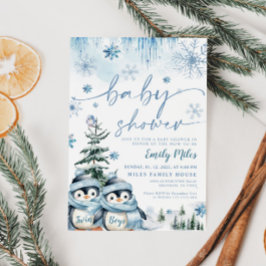 Twin Boys Baby Shower Winter Penguin Blue Inbjudningar
