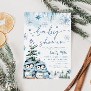 Twin Boys Baby Shower Winter Penguin Blue Inbjudningar