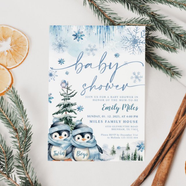 Twin Boys Baby Shower Winter Penguin Blue Inbjudningar (Skapare uppladdad)