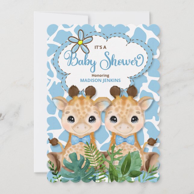 Twin Boys Blue Giraffe Jungle Baby Shower Inbjudningar (Framsida)