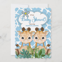 Twin Boys Blue Giraffe Jungle Baby Shower Inbjudningar