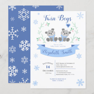Twin Boys Cute björnbabydusch på vintern Inbjudningar