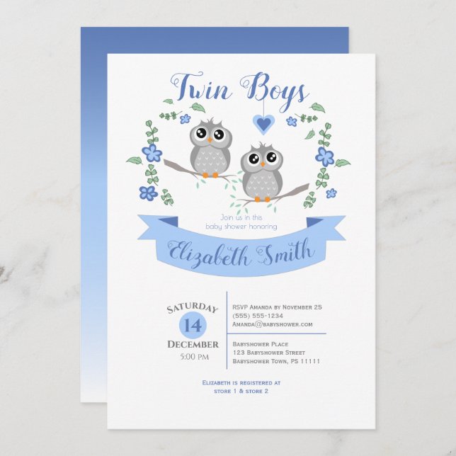 Twin Boys Cute owls babyshower Inbjudningar (Fram/baksida)