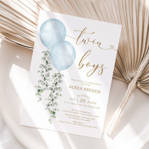 Twin Boys Dusty Blue Balloon Greenery Baby Shower Inbjudningar