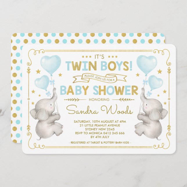 Twin Boys Elephant Baby Shower Blue Guld Jungle Inbjudningar (Fram/baksida)