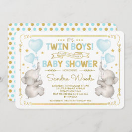 Twin Boys Elephant Baby Shower Blue Guld Jungle Inbjudningar