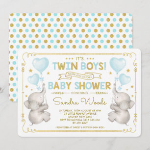 Twin Boys Elephant Baby Shower Blue Guld Jungle Inbjudningar