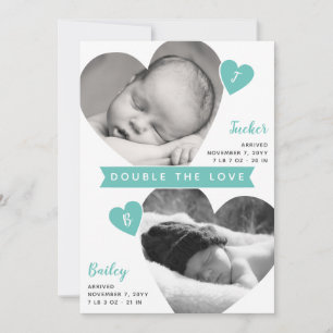 Twin Boys Heart Ramar Teal Photo Collage Birth Meddelande