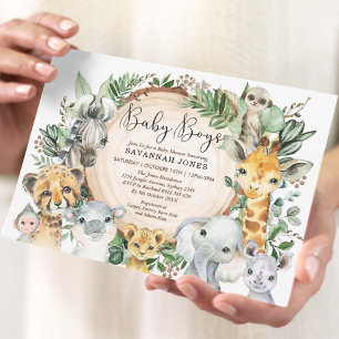 Twin Boys Jungle Safari Animals Baby Shower Inbjudningar