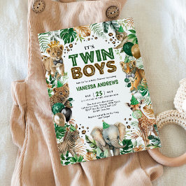 Twin Boys Jungle Safari Vilda djur Baby Shower Inbjudningar